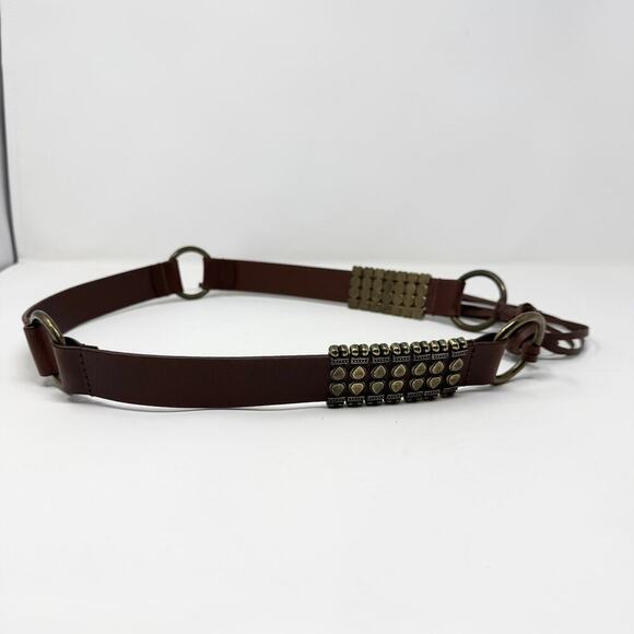Brown Leather Brass Ring Tie Belt Sliding Brass Bars Fringe Belt Women\'s L Boho main image 7